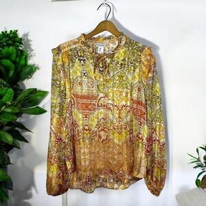 RACHEL ZOE Paisley Boho Print Metallic Stripe V Neck Popover Blouse